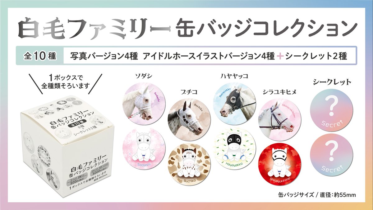 白毛ファミリー缶バッジコレクション発売】 白毛ファミリーの缶バッジ