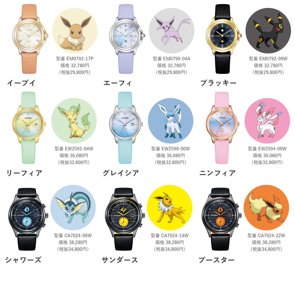 イーブイと、イーブイの進化形であるポケモンたちが勢ぞろいした腕時計