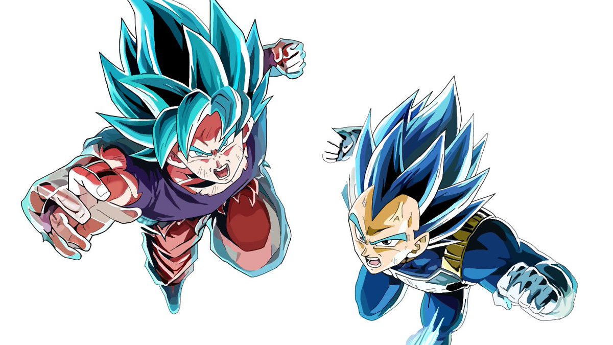 超サイヤ人ブルー界王拳孫悟空＆超サイヤ人ブルー進化ベジータ描いて