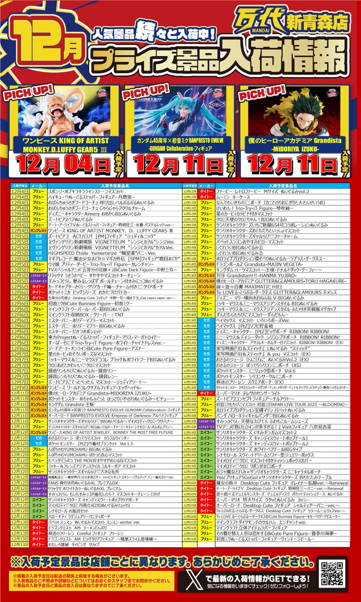 ☃️❄️☃️12月メーカー景品一覧☃️❄️☃️ 大変お待たせいた