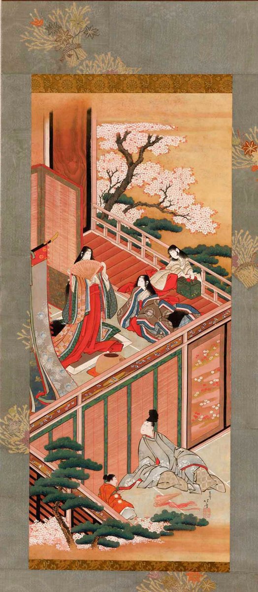 葛飾北斎「源氏物語図」。美麗な彩色や、細長い画面に安定した構図を