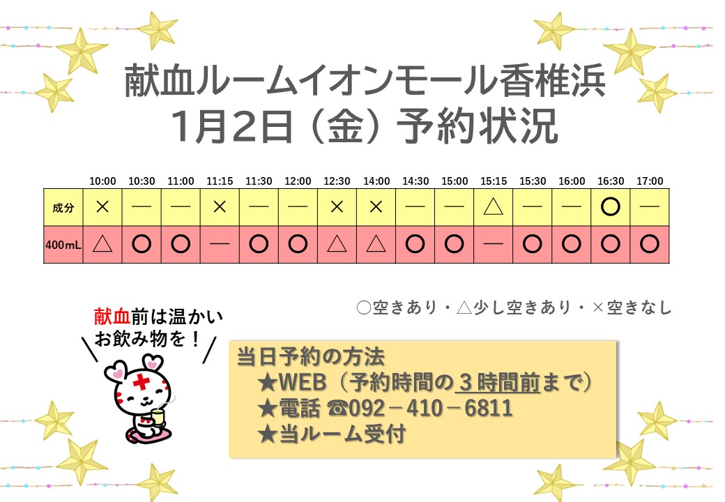 献血ルーム イオンモール香椎浜】 本日（1/1）#献血 にご協力いただき