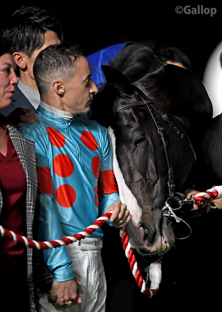 ルメール騎手に顔を寄せるイクイノックス😌