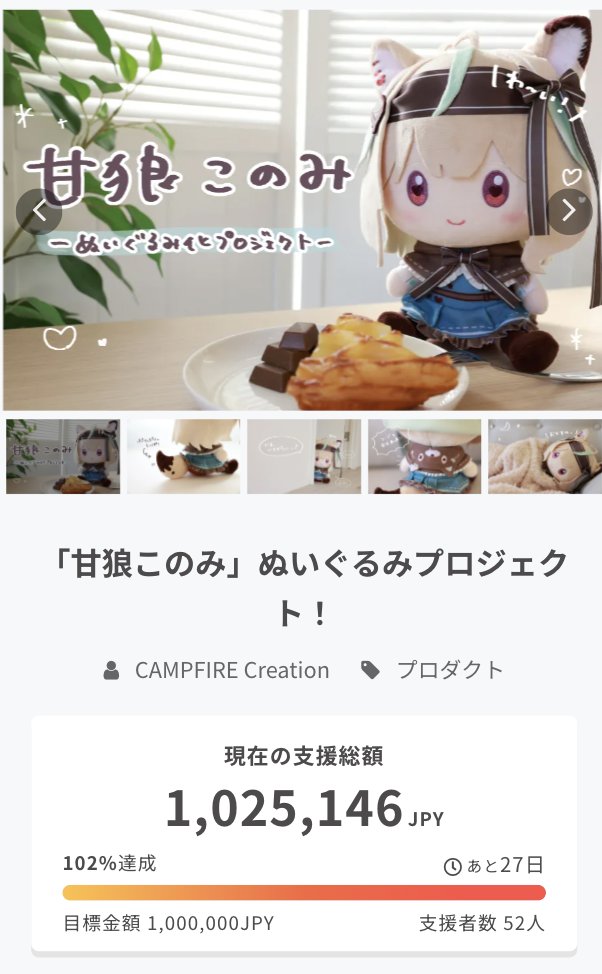 量産化決定🎊🎊！！】 「甘狼このみ」ぬいぐるみプロジェクト！ 目標