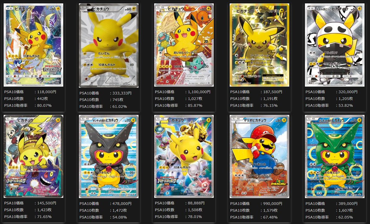 ピカチュウの人気カードを 【PSA10の枚数が少ない順】に並べました
