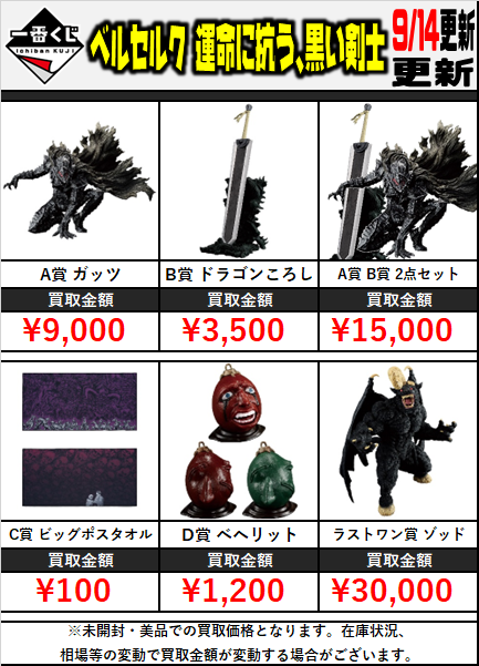 新作 #一番くじ 買取情報‼ □#ベルセルク 運命に抗う、黒い剣士 ・A賞