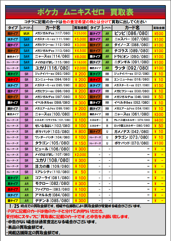 ポケカ 最新弾「ムニキスゼロ」 買取表更新しました‼ ✓メガスターミー