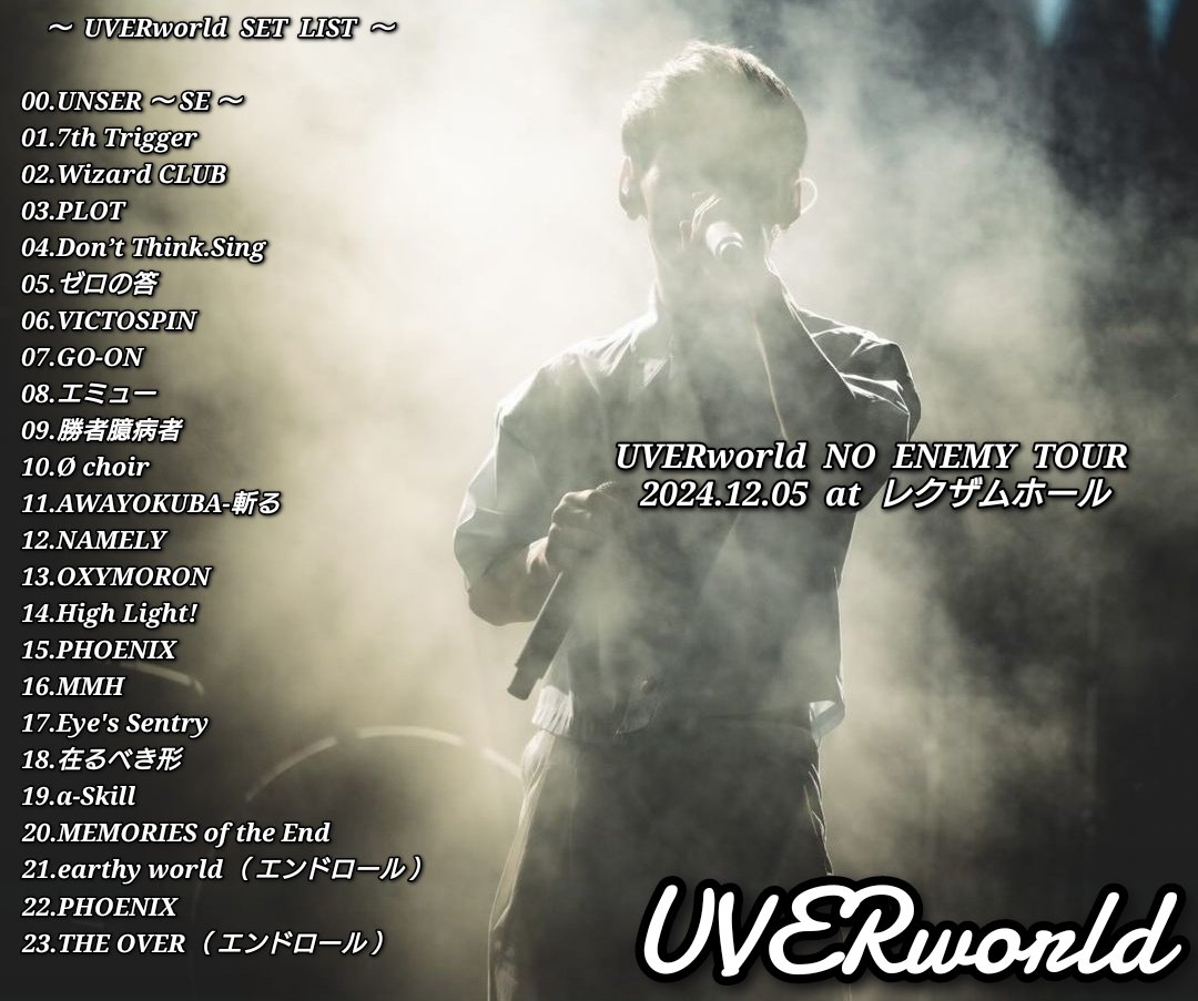 セトリ】 UVERworld NO ENEMY TOUR 2024.12.05 at レクザムホール