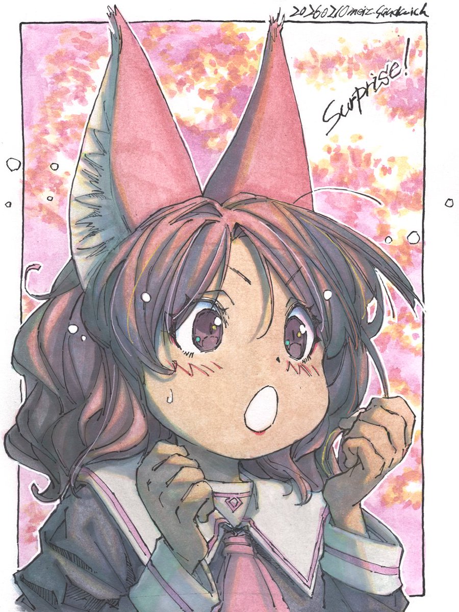 アナログ2444：応援？驚き？】久々に中色紙に水彩。ディフォルメで表情