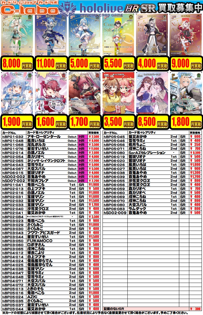 hololive OFFICIAL CARD GAME】買取情報 ホロカ担当です！ HR・SRの