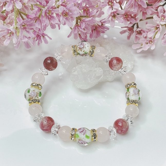 ピンクトルマリンシリカ・ローズクォーツ・水晶・バラ模様のとんぼ玉を