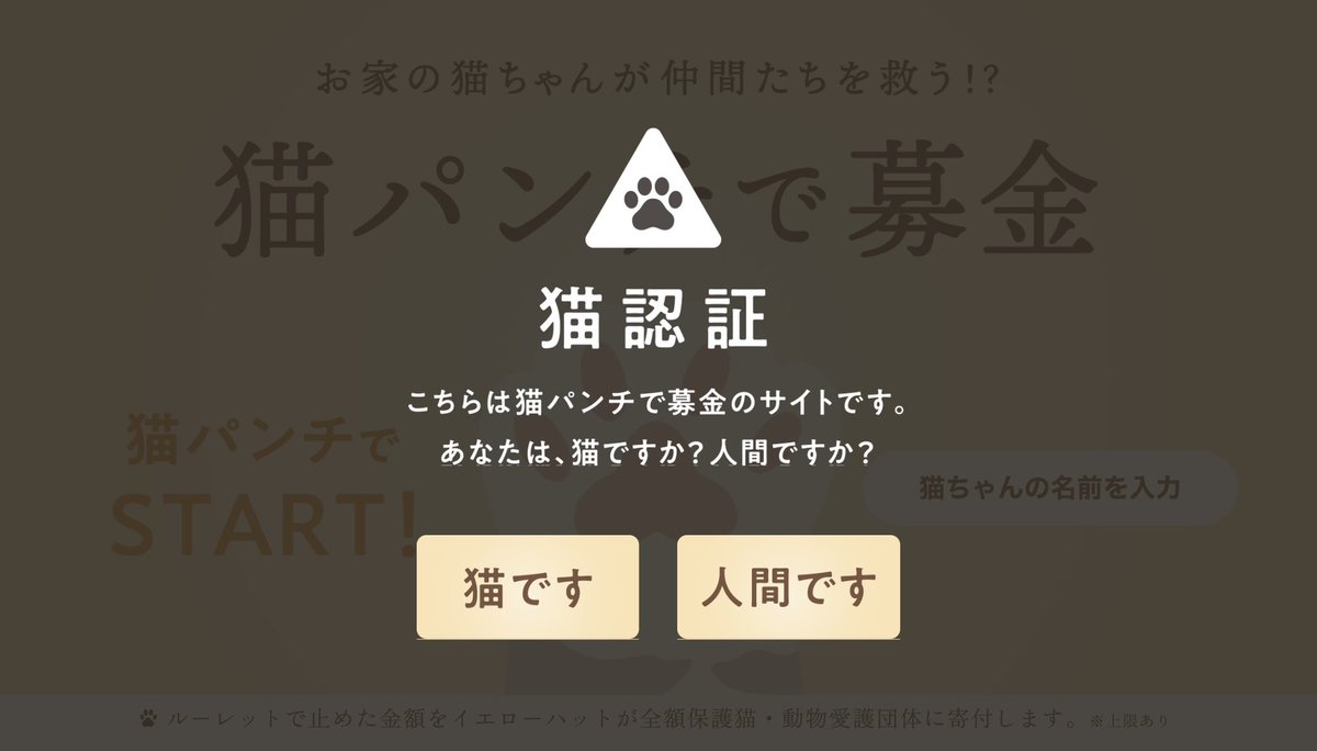 猫パンチ募金ページに飛んだら猫認証画面出てきてわろた