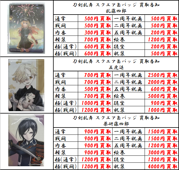 買取情報】刀剣乱舞 ・スクエア缶バッジ各種 当店の買取ご利用お待ちし