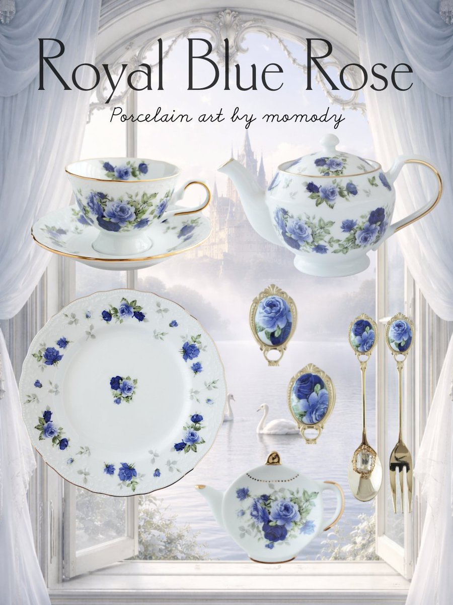 ✦︎⋯青い薔薇のティーセット⋯✦︎ 優雅な青薔薇を贅沢に彩った