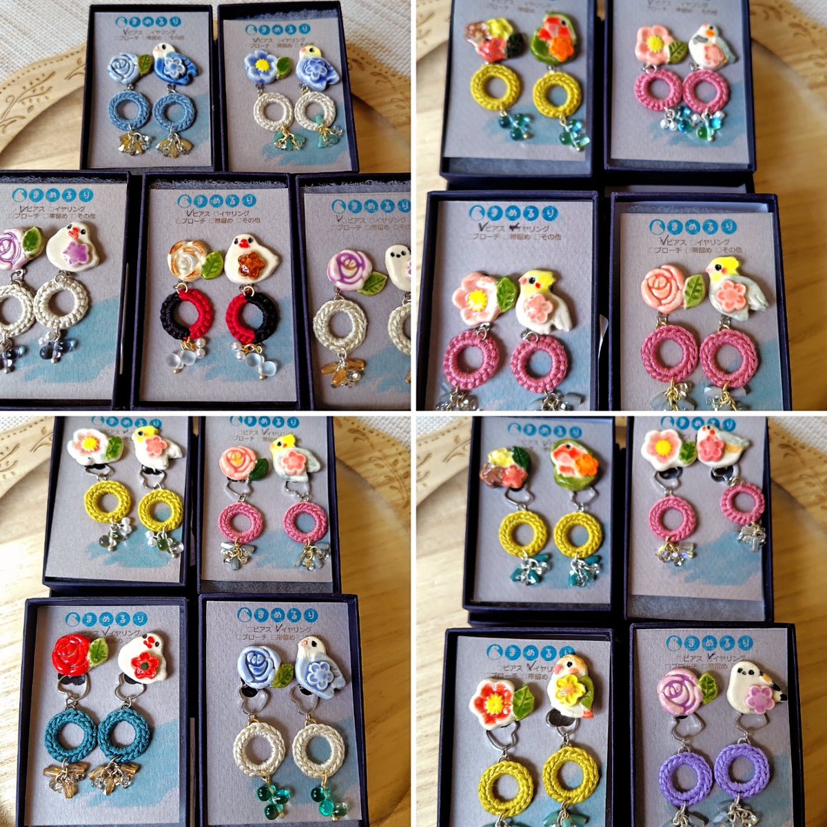 小鳥のブローチ、帯留め ピアス、イヤリング 集合写真 いつも紹介が