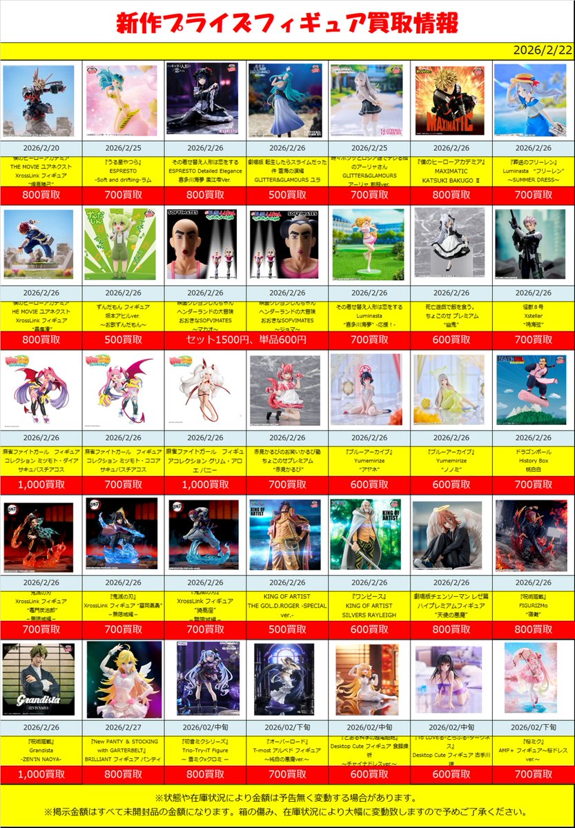 新作、準新作プライズ 買取情報‼】2/22(版) 2月新作プライズフィギュア