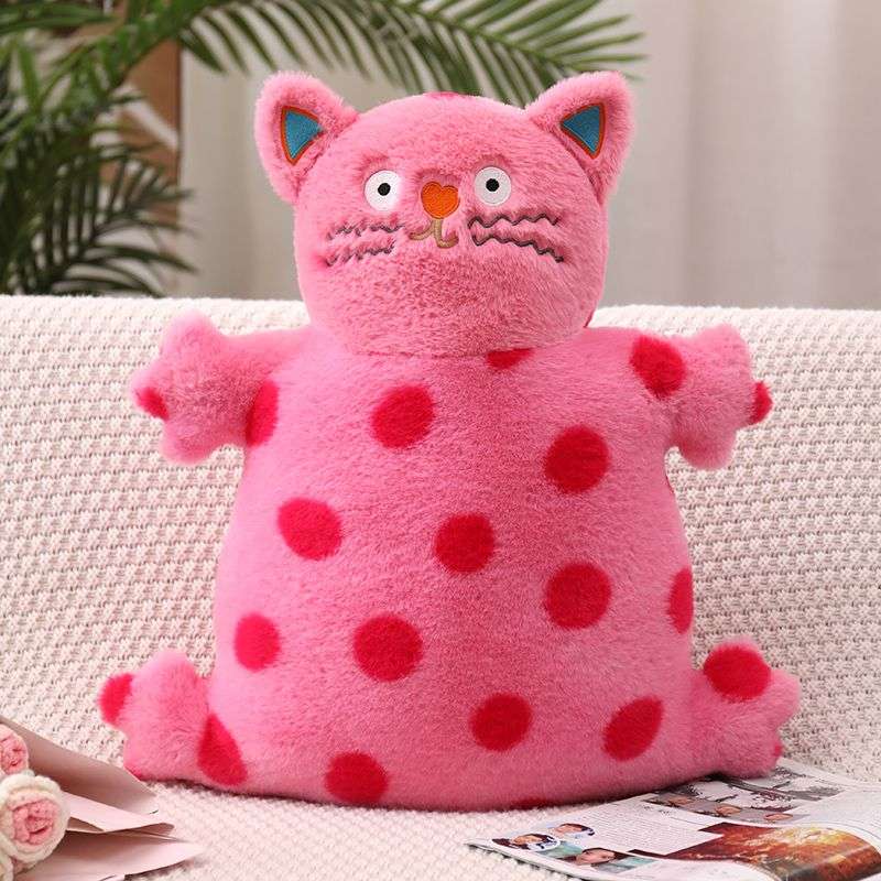 Cute Soft Polka-dotted Pink Black Whimsical Cat Plush – PlushThis