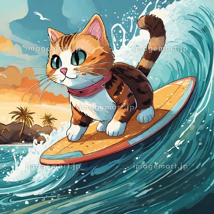 サーフィンをする猫「AI生成画像」のイラスト素材 [251603816]｜毎月1