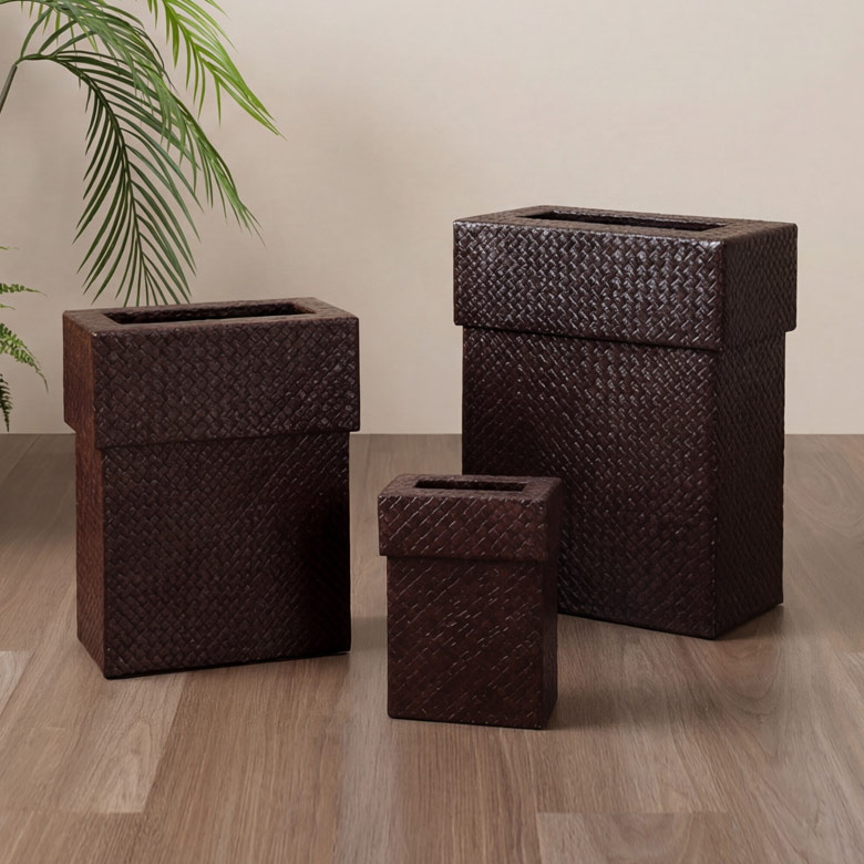 バリ島職人手編みパンダンゴミ箱2個セットM＋L 長方形 正方形 丸型