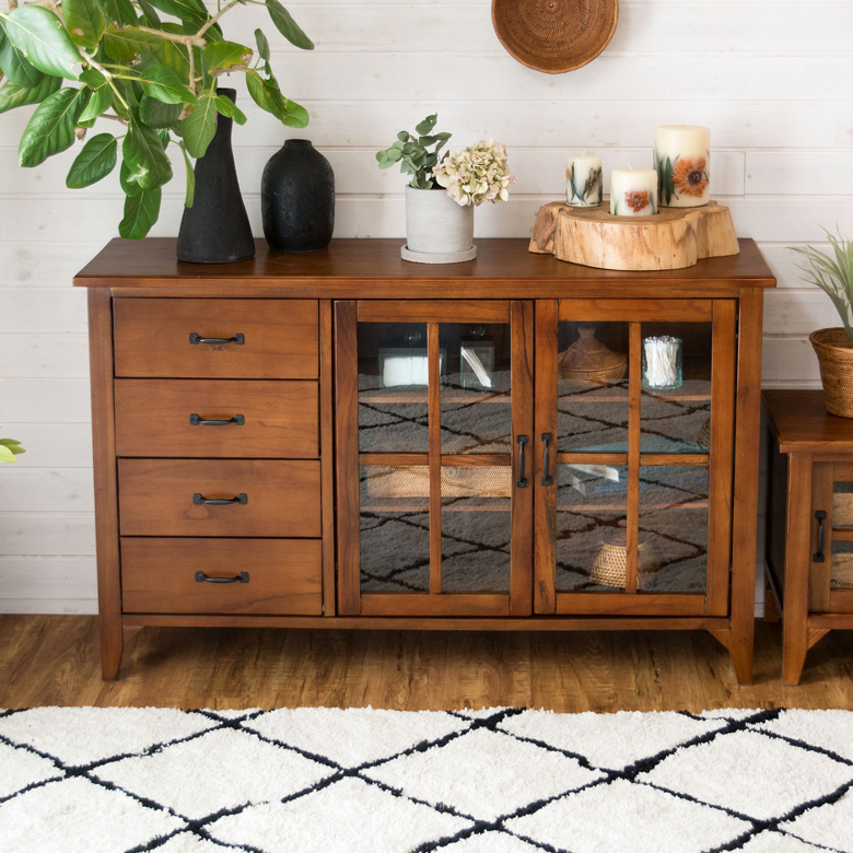 リビングチェスト チェスト 木製 引き出し ガラス扉 幅120cm [91292