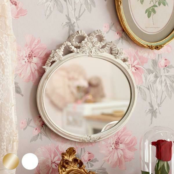 フランスアンティーク リボン&ローズガーランドの壁掛けミラー