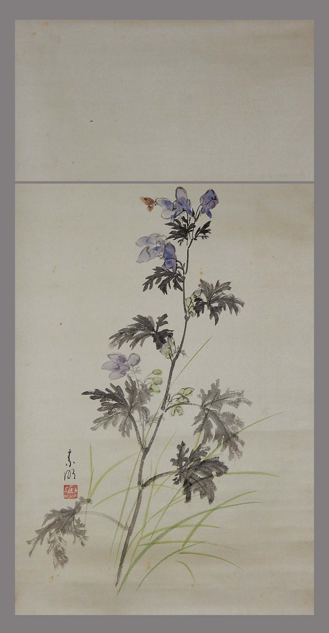 10□掛軸 春月 『朝顔に蜻蛉図』 肉筆 絹本 共箱 掛け軸 朝顔に蜻蛉図