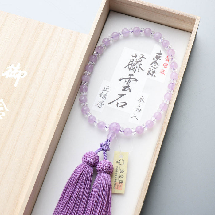 数珠 女性用 藤雲石7mm 水晶平切子コンビ 上仕立 正絹房 (藤色) — 仏壇