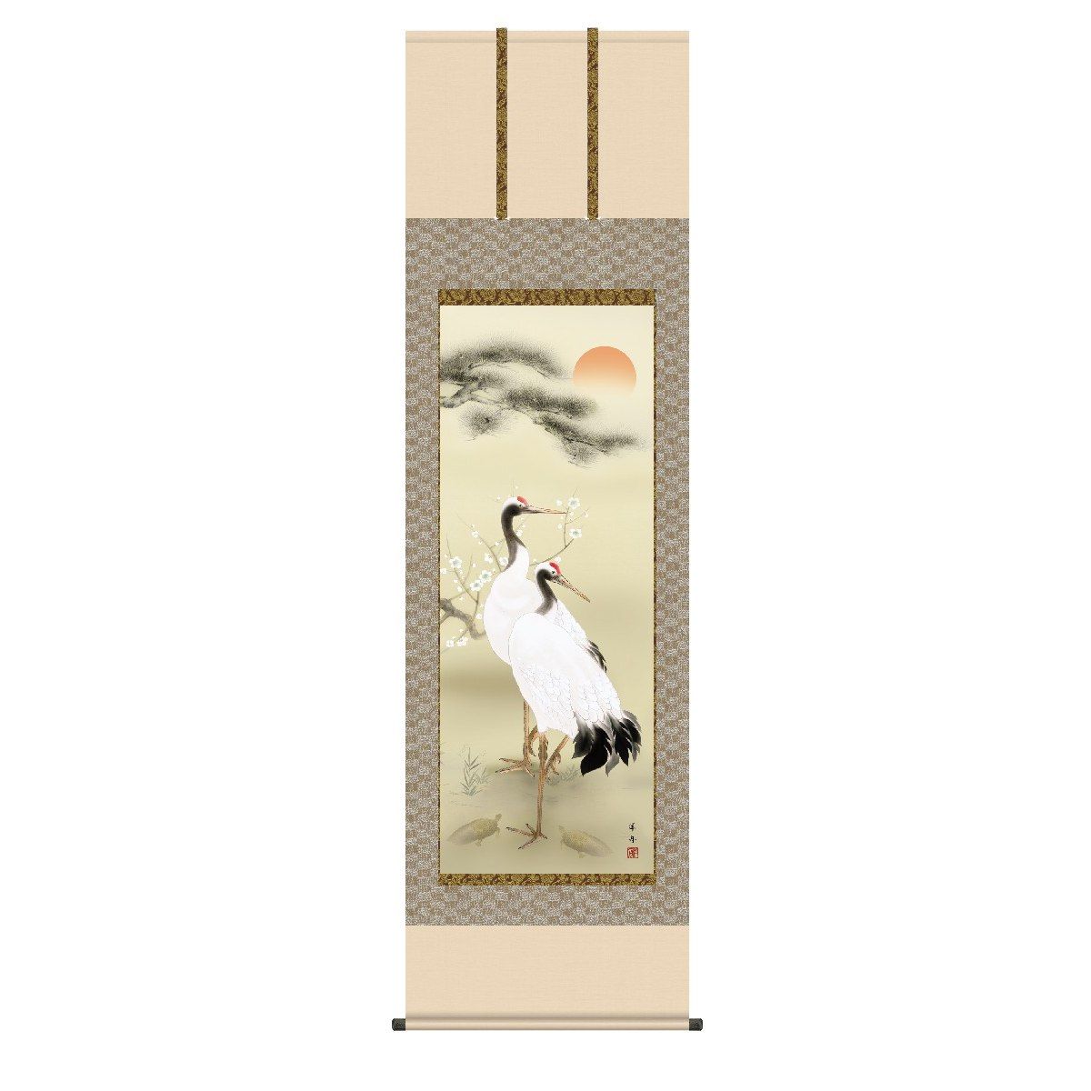 楽天市場】掛け軸 慶祝画 鶴亀 小野洋舟「松竹梅鶴亀」掛軸 高精彩巧芸