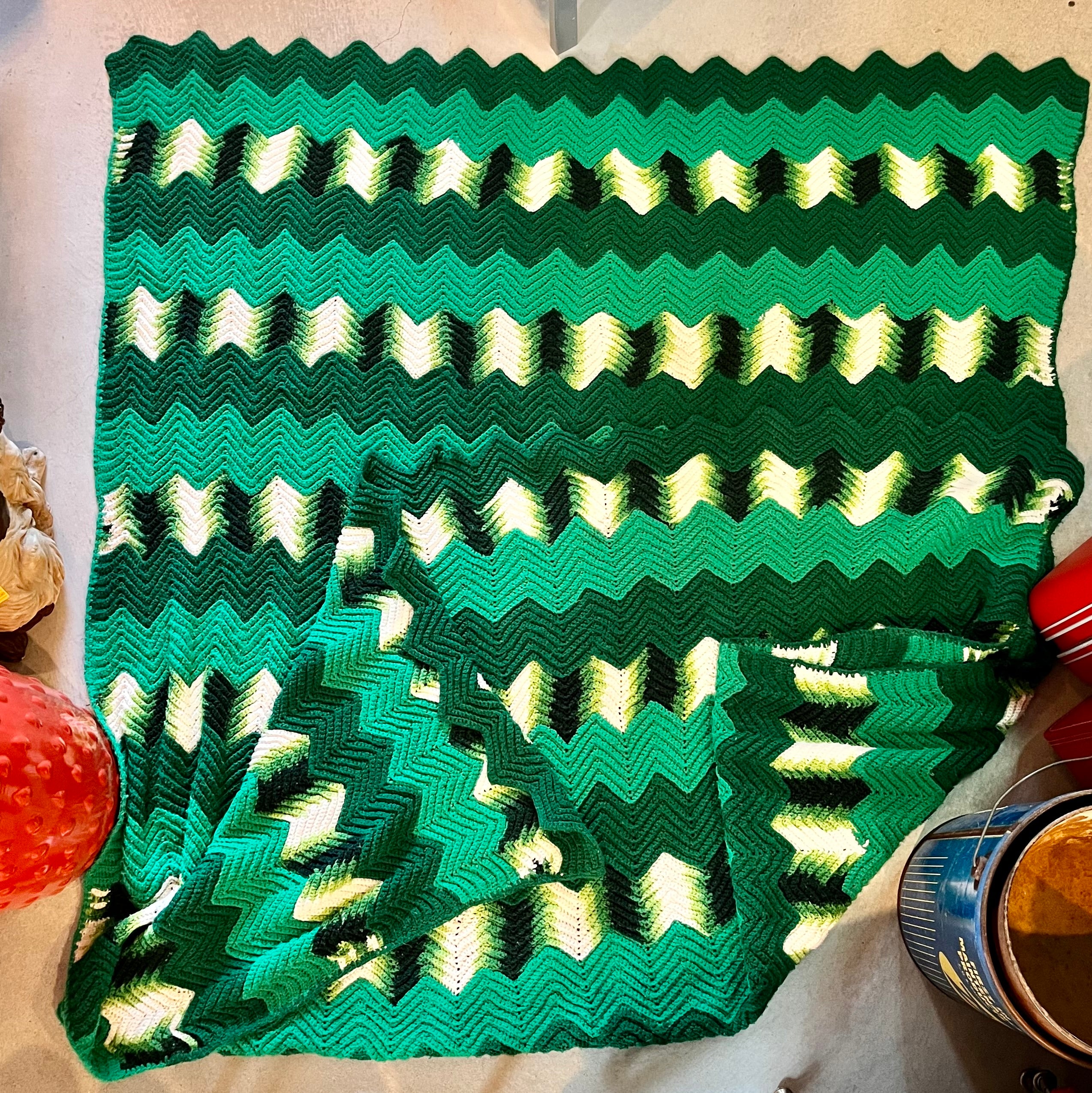 1970s USA vintage】グラニーブランケット グリーン系 クロシェ – 雑貨