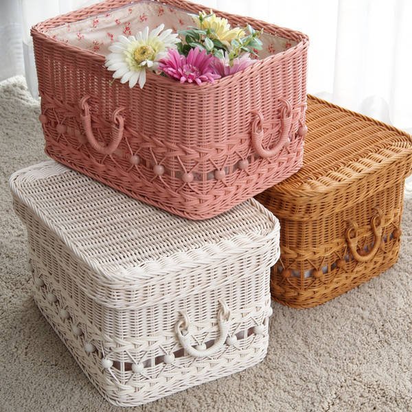 籐 フタ付バスケット スタッキング 持ち手付 fiore 幅38cm