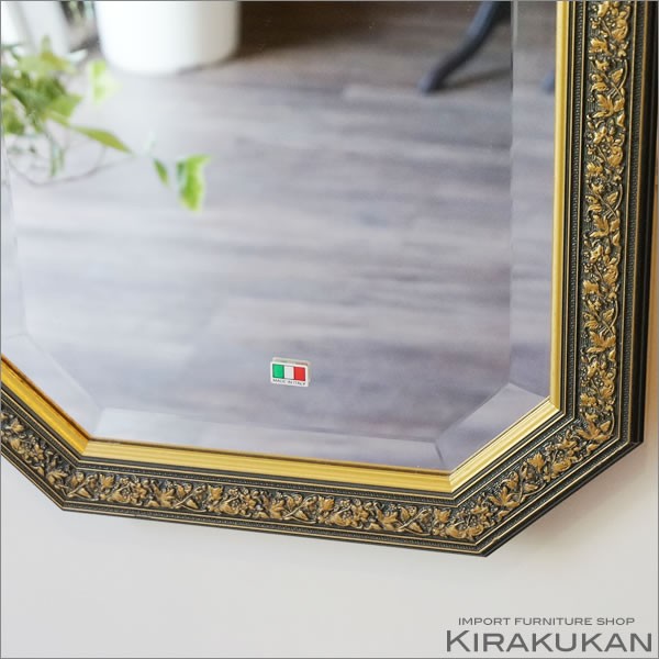 イタリア製 姿見ミラー 鏡 壁掛け 全身 八角ミラー ブルー＆ゴールド