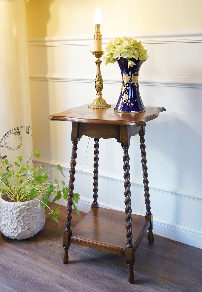 アンティーク家具 リプロダクト 花台 木製 ツイスト脚 サイドテーブル
