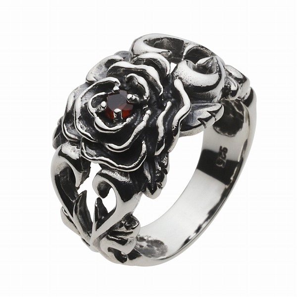 ガーネット シルバーリング 指輪 メンズ ローズ バラ 花 フラワー