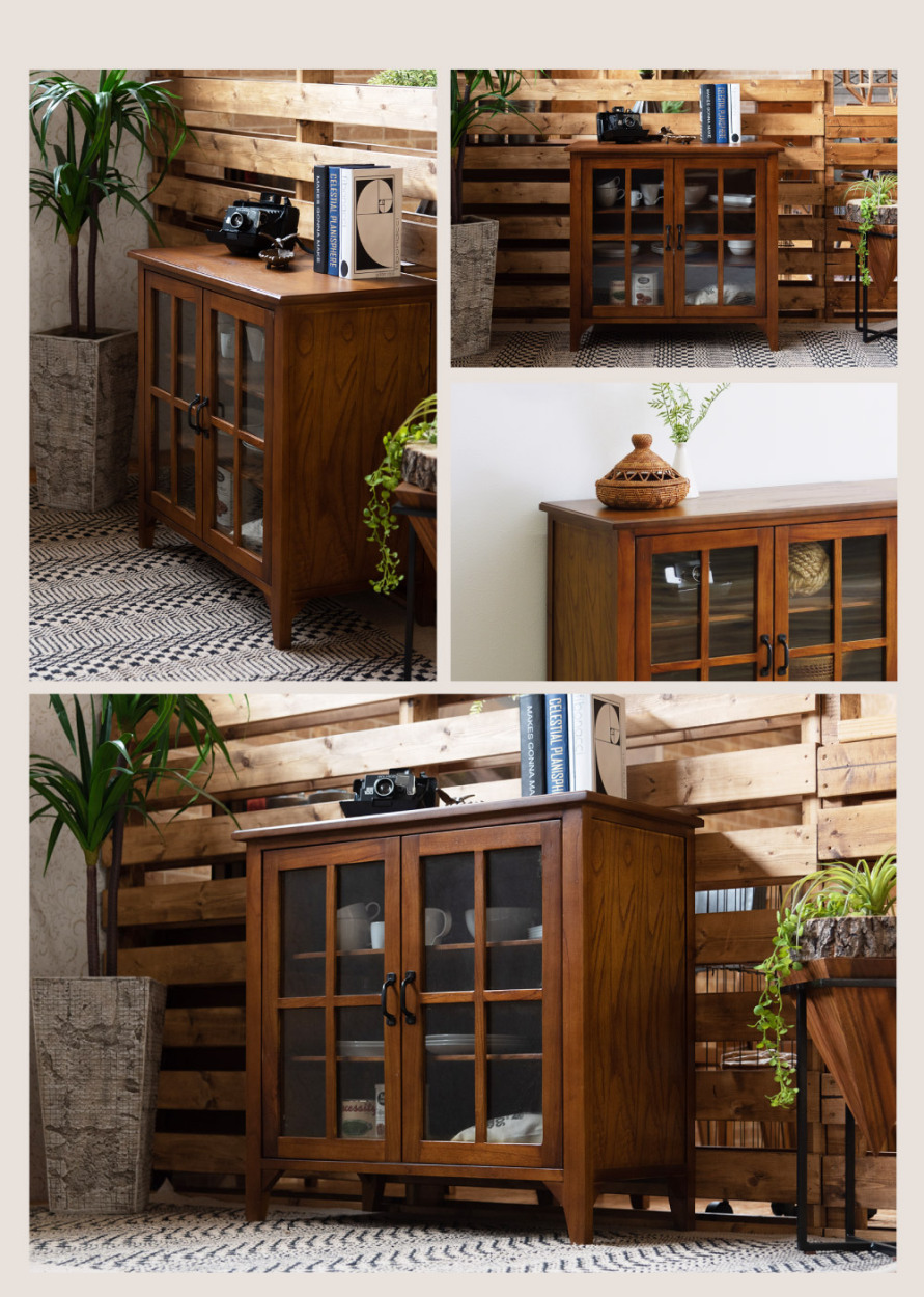 東谷 キャビネット 幅80 おしゃれ 食器棚 収納棚 レトロ ガラス 扉付き