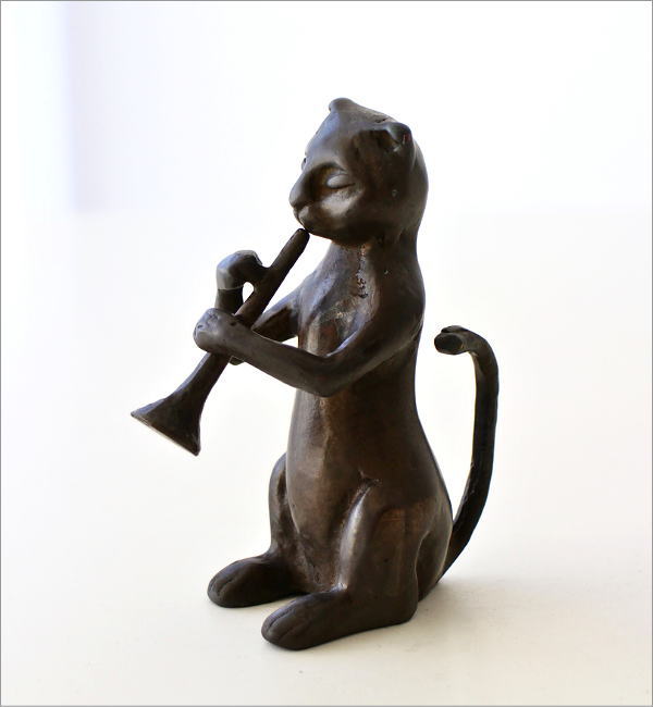 猫 置物 置き物 オブジェ トランペット 猫雑貨 真鍮 ブロンズ仕上げ