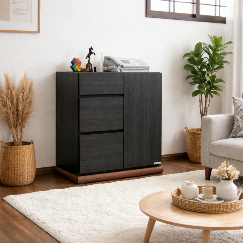 リビングボード 60cm キャビネット チェスト ブラック 黒 木目