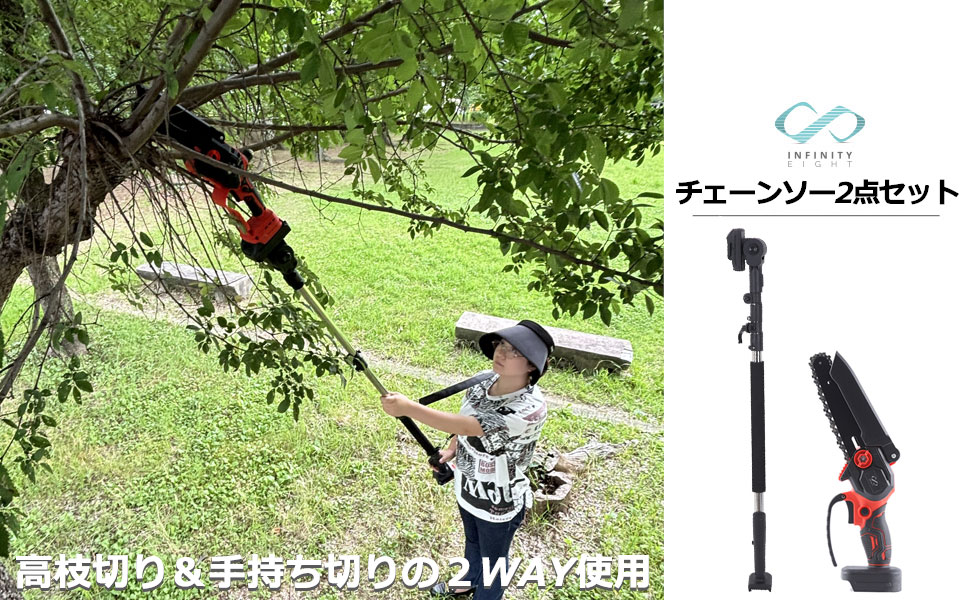 チェーンソー 高枝チェーンソー 延長ポール 1in2 電動 2点セット 最長