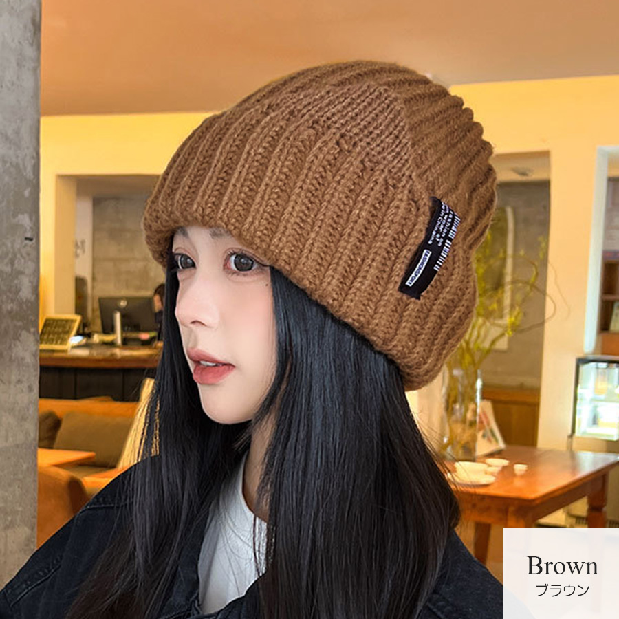 ニット帽 厚手 リブニット 猫耳 無地 ロゴマーク レディース 春 夏 秋