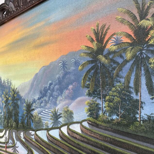 バリ絵画 風景画 棚田 ライステラス 夕日 木彫りフレーム付 W120