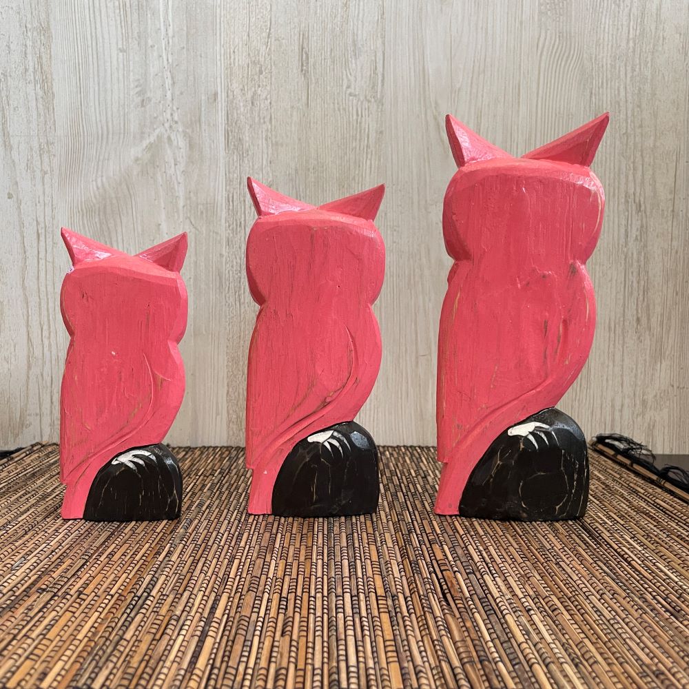 木彫り フクロウ3体セット インテリア 置き物 木製オブジェ アジアン