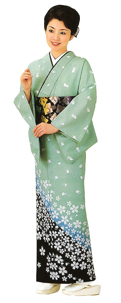 訪問着 女性 プレタ 踊り 絵羽 洗える着物 青磁色 桜花 : カメヤ