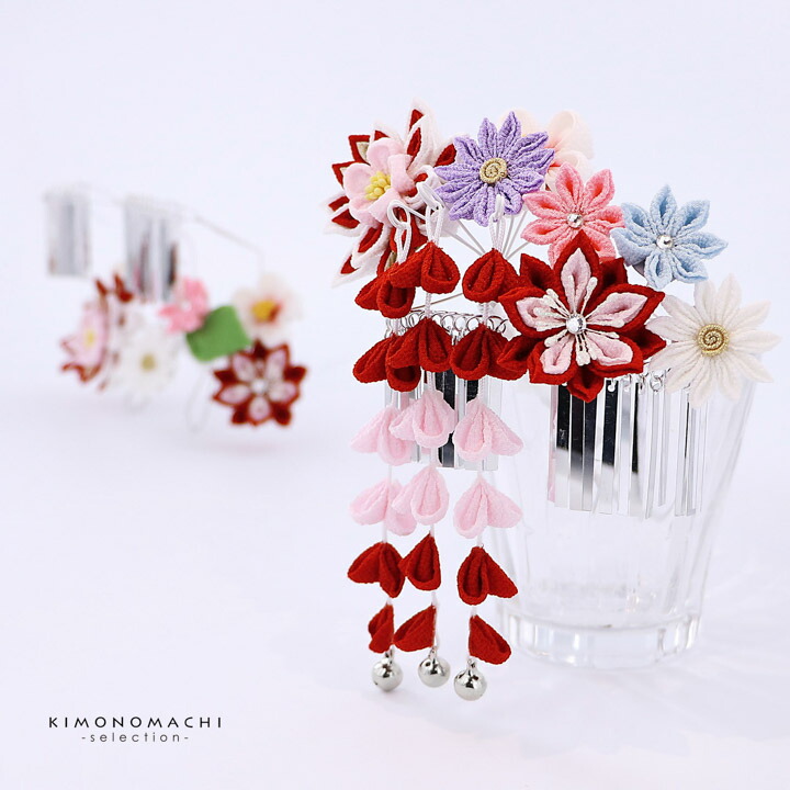 七五三 髪飾り 勝山かんざし 3点セット「紅白ピンク縮緬 剣つまみの