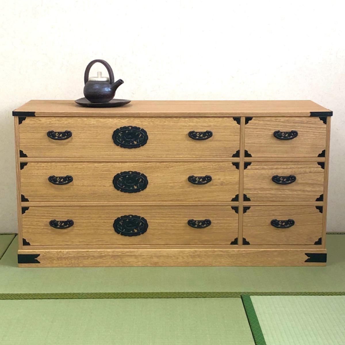 マーゼルン 総桐 民芸たんす 幅120cm 3段2列 焼桐調オイル仕上げ （ 桐