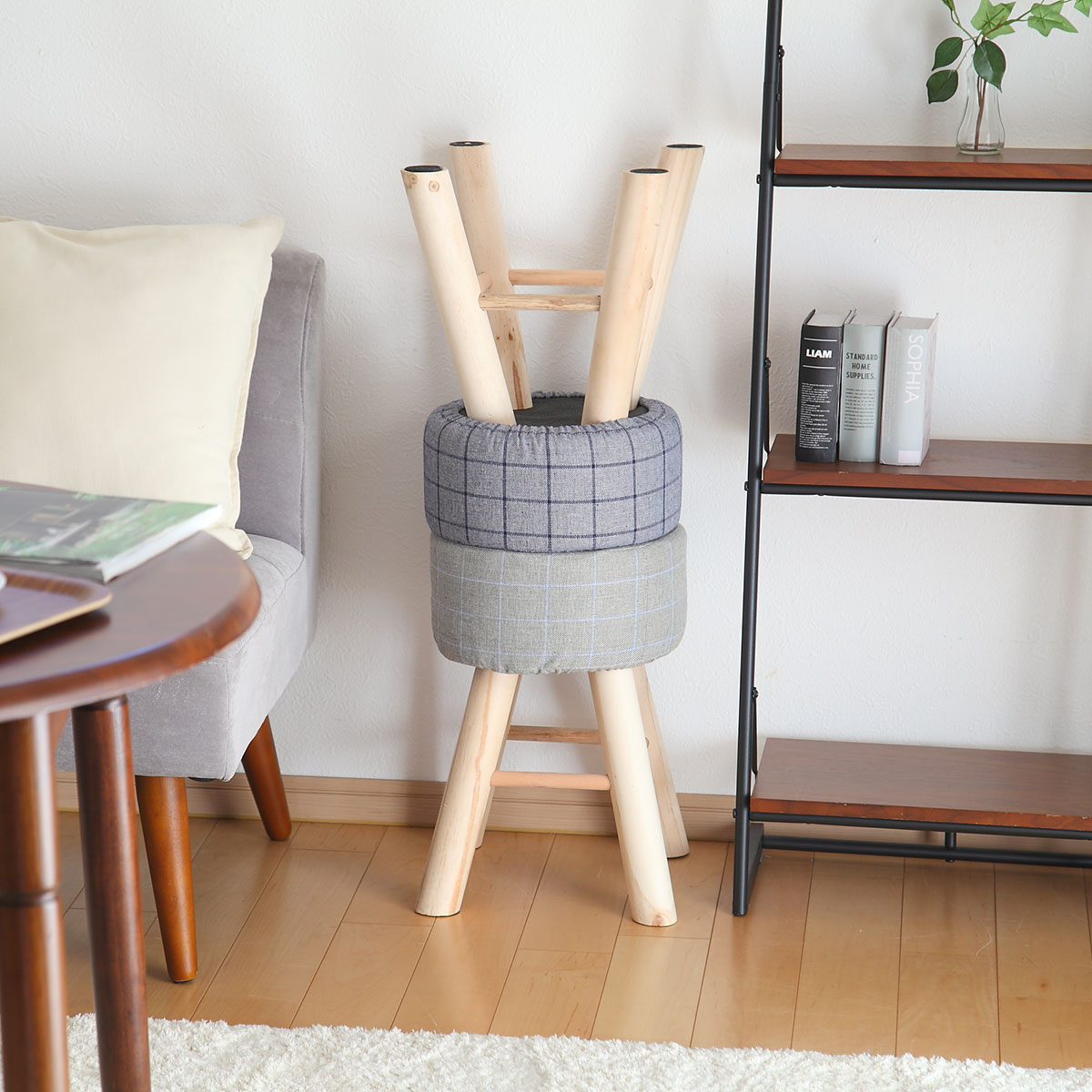 スツール 高さ42cm 円形 カバー付き 木製 （ 丸 椅子 ダイニング