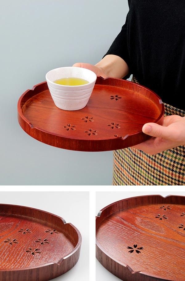 お盆 24cm トレー 丸盆 （ 木製 トレイ 丸型 透かし彫り ウッドトレイ