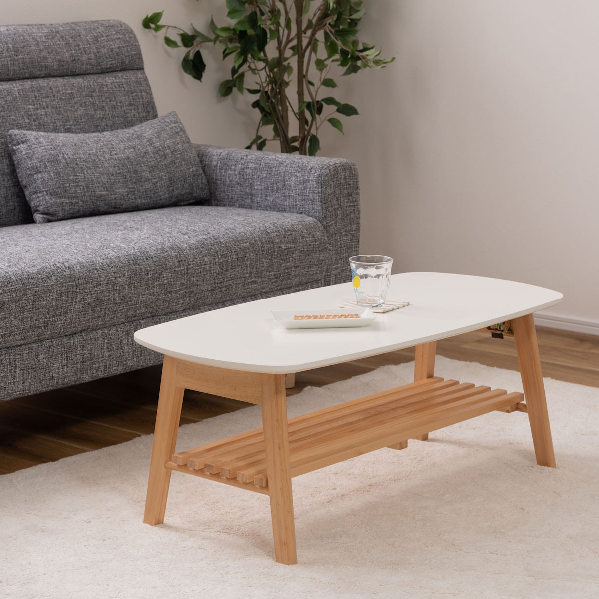 東谷 折りたたみ テーブル 幅90cm 棚付き 天然木 （ ローテーブル