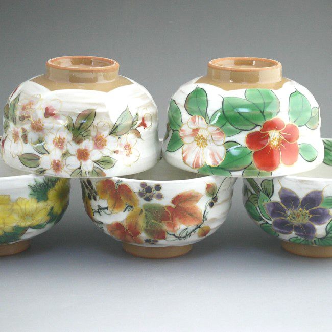 京焼 清水焼 白掛彩草花お茶呑茶碗揃え 陶あん : 松韻堂 Yahoo!店