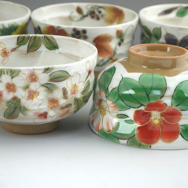 京焼 清水焼 白掛彩草花お茶呑茶碗揃え 陶あん : 松韻堂 Yahoo!店
