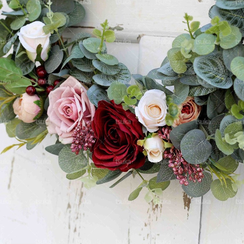 フラワーリース ナチュラル造花 玄関 庭園 飾り 緑の葉リース 部屋装飾