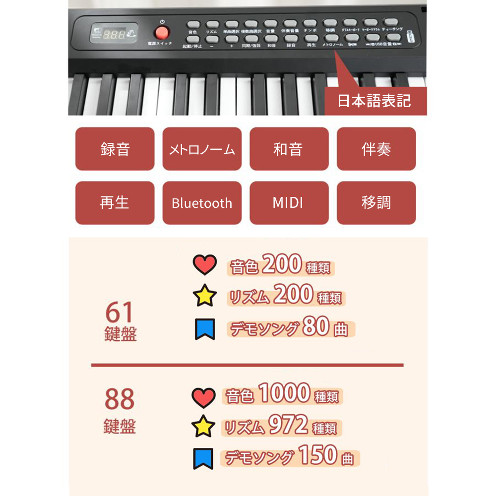 DOMIYA 電子ピアノ 楽器 キーボード 61鍵盤 88鍵盤 折りたたみ 最大